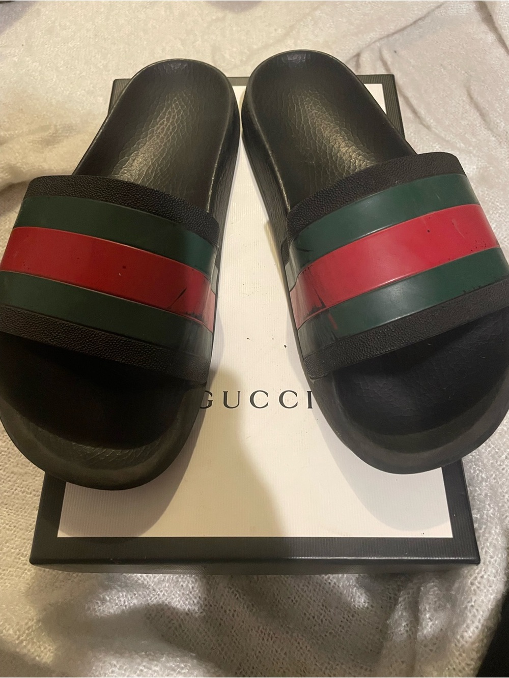 Gucci Black Slides with Green and Red Stripes